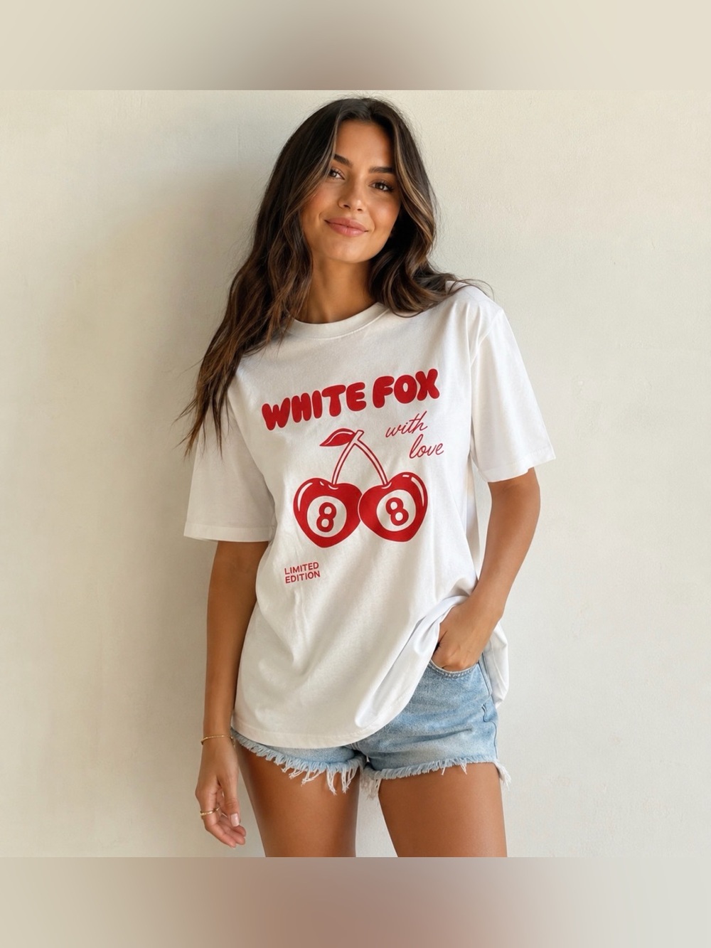White Fox Boutique White Tee with Red Cherry Graphic